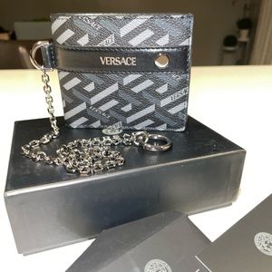 Versace La Greca bifold black grey wallet on a chain
